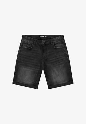 Zwarte denim shorts met opgerolde zomen, voorzakken en een ritssluiting. Kenmerken een vervaagde textuur en een gestructureerd ontwerp. Label zichtbaar bij de tailleband.