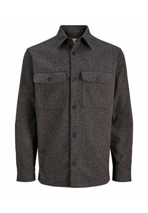 Ciemnoszara i brązowa koszula flanelowa w kratę, zapinana na guziki, z dwoma kieszeniami na piersi i klasycznym kołnierzem. Teksturowana tkanina.