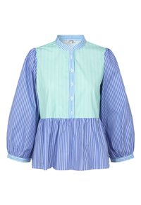 Leichte gestreifte Bluse mit mintgrünem Oberteil, blau-weiß gestreiften Ärmeln, Knopfverschluss und ausgestellt geschnittenem Saum.