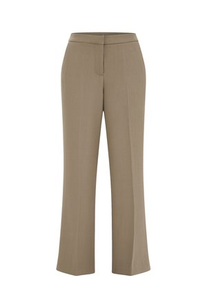 Beige broek met wijde pijpen en een platte voorkant, gemaakt van gladde stof, met een elastische tailleband op middenhoogte en zonder zichtbare sluitingen.