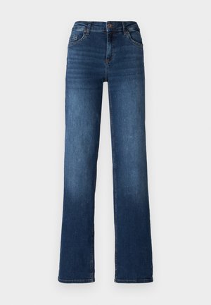 Jean en denim bleu foncé avec un design à jambe droite, taille mi-haute et décoloration subtile aux ourlets. Comprend cinq poches et une fermeture à bouton.