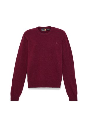 Pullover burgundi valmistatud pehmest kudumkangast, ümmarguse kaeluse, pikkade varrukate ja rinna peal oleva väikese logoga.