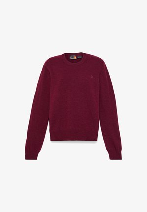 Burgunderfarbener Pullover aus weichem Strickmaterial, mit Rundhalsausschnitt, langen Ärmeln und kleinem Logo auf der Brust.