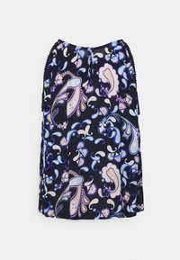 Gonna blu navy con stampa paisley in azzurro e rosa. Tessuto leggero con vita arricciata e dettagli laterali.