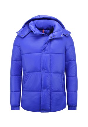 Blauwe gewatteerde winterjas met vaste capuchon, vooraan drukknopen en ritssluiting aan de zijzakken, ontworpen voor koud weer.