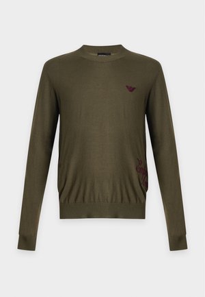 Jeune homme portant un pull vert olive avec un pantalon noir et des chaussures noires, debout avec une main dans la poche devant un fond uni.