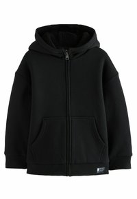Schwarze Zip-Hoodie mit Kapuze, aus weichem Stoff gefertigt. Verfügt über Fronttaschen, gerippte Bündchen und eine samtige Innenausstattung für zusätzlichen Komfort.