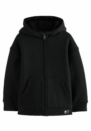 Schwarze Zip-Hoodie mit Kapuze, aus weichem Stoff gefertigt. Verfügt über Fronttaschen, gerippte Bündchen und eine samtige Innenausstattung für zusätzlichen Komfort.