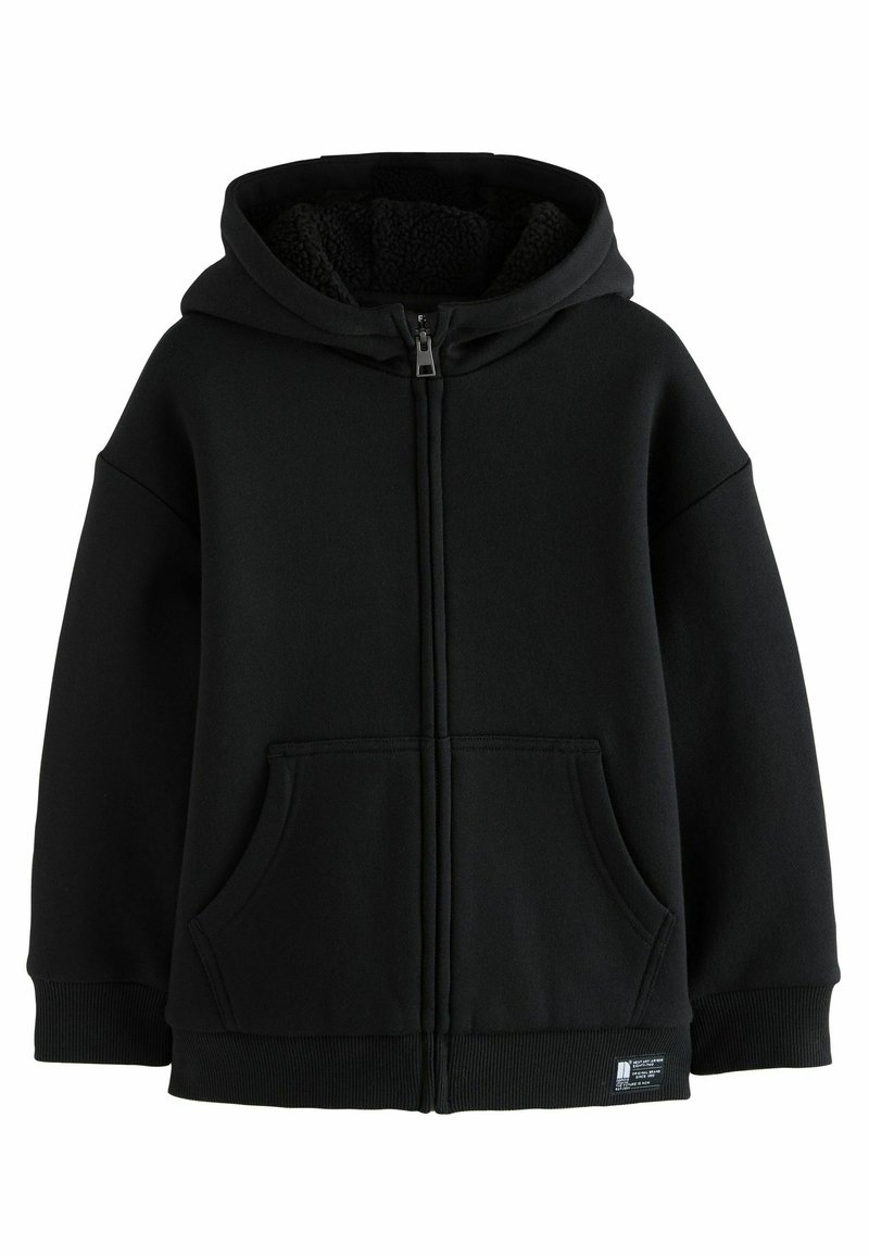 Schwarze Zip-Hoodie mit Kapuze, aus weichem Stoff gefertigt. Verfügt über Fronttaschen, gerippte Bündchen und eine samtige Innenausstattung für zusätzlichen Komfort.