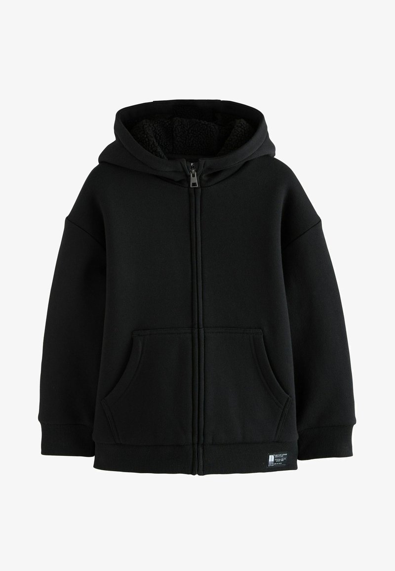 Schwarze Zip-Hoodie mit Kapuze, aus weichem Stoff gefertigt. Verfügt über Fronttaschen, gerippte Bündchen und eine samtige Innenausstattung für zusätzlichen Komfort.