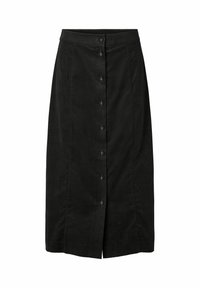 Fustă din bumbac negru cu un design drept, având închidere cu nasturi în față și o tiv ușor înclinat. Textură moale și siluetă clasică.