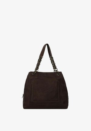 Borsa a tote in pelle marrone con manici a catena, caratterizzata da una superficie testurizzata e due tasche anteriori con cuciture decorative.