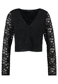 Top corto in pizzo nero con maniche lunghe, dotato di scollatura a V e chiusura centrale con bottoni, che presenta motivi floreali e una texture elaborata.