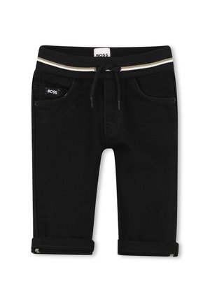 Pantalon noir pour tout-petits avec taille élastique, cordon, poches avant, revers roulés et étiquette de la marque BOSS sur la poche et la taille.