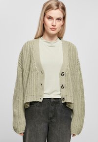Ljust grön stickad cardigan med en kortad design, djup V-ringning och stora knappar. Långa, strukturerade ärmar och en lös passform kompletterar den.