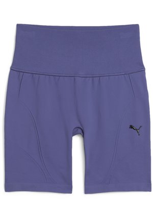 Purple athletic shorts with a wide ribbed waistband, featuring smooth fabric, side panel detailing, and a small black Puma logo on the left leg.
