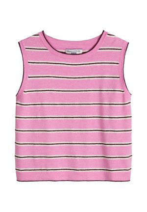 Różowy dzianinowy top bez rękawów z poziomymi białymi i brązowymi paskami, okrągłym dekoltem i metką Marc O'Polo Denim wewnątrz kołnierzyka.