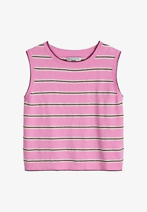 Różowy dzianinowy top bez rękawów z poziomymi białymi i brązowymi paskami, okrągłym dekoltem i metką Marc O'Polo Denim wewnątrz kołnierzyka.