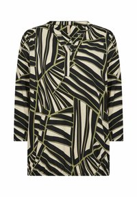 T-shirt à manches longues avec un motif géométrique de feuilles noires et vert clair sur fond crème, doté d'un léger décolleté en V et d'une coupe décontractée.
