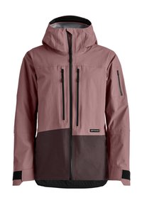 Rosa und dunkelgraue wasserdichte Jacke mit Kapuze, Frontreißverschluss und mehreren Taschen, die ein elegantes, stromlinienförmiges Design und kontrastierende Farben aufweist.