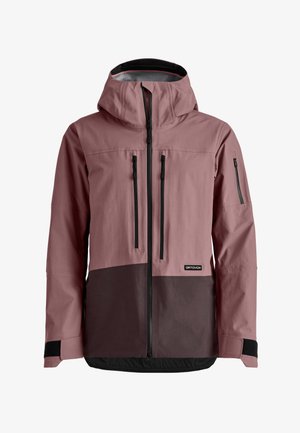 Pink and dark gray waterproof jacket with a hood, front zipper, and multiple pockets, featuring a sleek, streamlined design and contrasting colors.