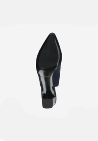 Navy suede high heel shoe with a pointed toe and glossy black heel. Features smooth sole and embossed logo on the heel.