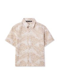 Camicetta a maniche corte realizzata in tessuto leggero, con uno sfondo crema e stampe di foglie tropicali beige, e una chiusura con bottoni davanti.