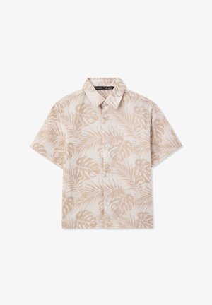 Camicetta a maniche corte realizzata in tessuto leggero, con uno sfondo crema e stampe di foglie tropicali beige, e una chiusura con bottoni davanti.