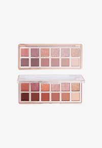 Makeup-palette med 15 ögonskuggsnyanser som har matta och skimrande texturer i rosa, mauve och bruna toner, med ett klart plastfodral.