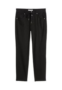 Schwarze gerade geschnittene Hose mit Vordertaschen, Knopfverschluss und Kordelzugbund, etikettiert mit Marc O'Polo.