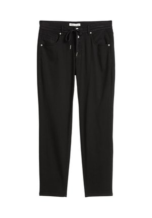 Zwarte recht-toe-recht-aan broek met zijzakken, knoopsluiting en verstelbare tailleband, gelabeld Marc O'Polo.