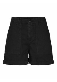 Shorts en denim noirs taille haute avec bouton frontal, larges passants de ceinture, poches plaquées et ourlets retroussés.