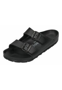 Black slide sandal featuring two adjustable straps with metal buckles, a textured footbed, and a rubber sole designed for comfort and grip.