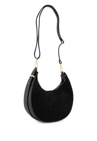 Schwarze Wildleder-Schultertasche mit geschwungener Form, kontrastierendem Ledergriff, goldfarbener Hardware und einem Reißverschlussdetail.