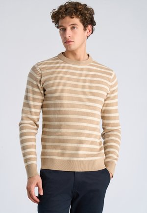 Jeune homme aux cheveux bouclés portant un pull à manches longues beige et blanc à rayures et un pantalon foncé, debout devant un fond uni.