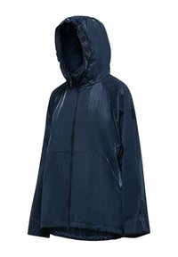 Giacca con cappuccio blu navy dalla texture lucida e liscia, zip anteriore, cappuccio elastico e design semplice. Silhouette leggera e svasata.