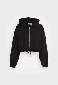 Sudadera corta negra de tejido suave, con cremallera frontal, dobladillo con cordón y capucha forrada con puños elásticos.