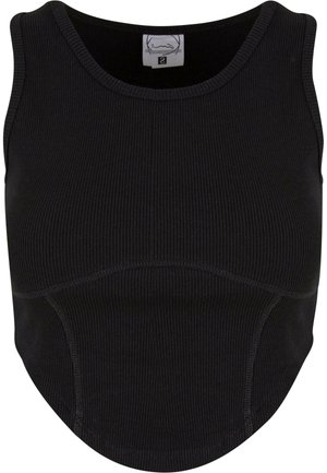 Mustan ribattuja hihaton crop-top, jolla on pyöreä kaula-aukko ja kaareva helma. Sisältää sävyttävän ompeleen ja pienen sisämerkin.