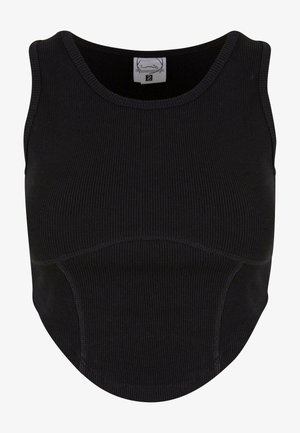 Czarny, prążkowany, bezrękawnikowy crop top z okrągłym dekoltem i zaokrąglonym hemem. Posiada tonowe szwy oraz małą wewnętrzną metkę.