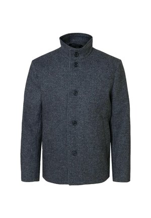 Abrigo de lana gris oscuro con textura de espiga, cuello alto y seis cierres de botones negros. Ajuste entallado con mangas largas.