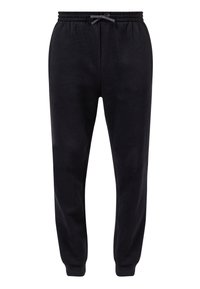 Sorte sweatpants lavet af blødt stof. Har en elastisk talje med snor, ribbede ankler og en glat tekstur. Velegnet til afslappet brug.