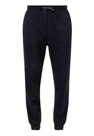 Pantaloni da tuta neri in morbido tessuto. Presentano un elastico in vita con cordoncino, fondo gamba con polsini e una texture liscia. Adatti per un look casual.