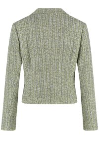 Textured green blazer with a fitted silhouette, long sleeves, and a classic lapel collar. Features a mixed fabric pattern with subtle color variations.