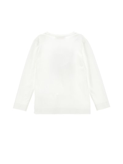 Ilga rankovė marškiniai balta. Pagaminta iš minkštos medžiagos, su apvalia iškirpte ir tiesiu antkrūtinio. Lygus paviršius, be puošmenų ant nugaros.