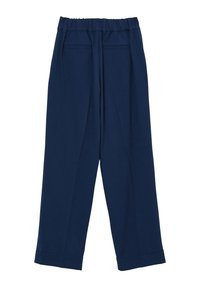 Pantaloni blu navy con una texture liscia, gamba ampia, vita elastica, due tasche posteriori e orli arrotolati.