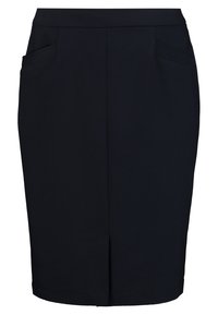 Jupe crayon navy longueur genoux en tissu lisse. Dotée d'une fente au dos et de deux poches latérales discrètes. Design minimaliste.