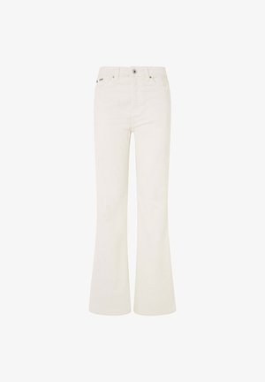 Jeans acampanados blancos hechos de una mezcla de algodón. Presentan cinco bolsillos, un cierre frontal con botón y costuras visibles a lo largo de las costuras.