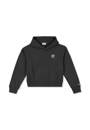 Hoodie noir court en tissu doux avec une poche kangourou, arborant un petit logo blanc sur la poitrine et des poignets côtelés.
