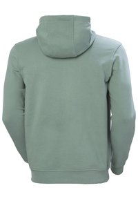Sudadera con capucha en verde apagado, con una textura de tela suave, mangas largas y un ajuste ceñido. La vista trasera resalta el diseño de la capucha.