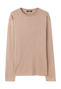 Beiger Pullover mit langen Ärmeln aus weichem Material, mit Rundhalsausschnitt und lockerem Schnitt. Schlichtes Design ohne sichtbare Muster oder Akzente.